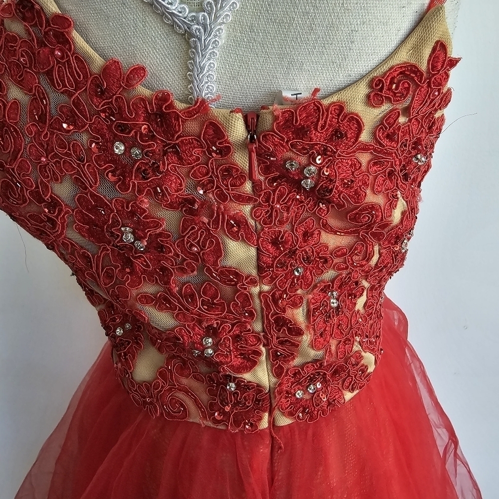 Sherri Hill Red & Nude Tulle Lace Maxi Dress - Picture 10 of 16